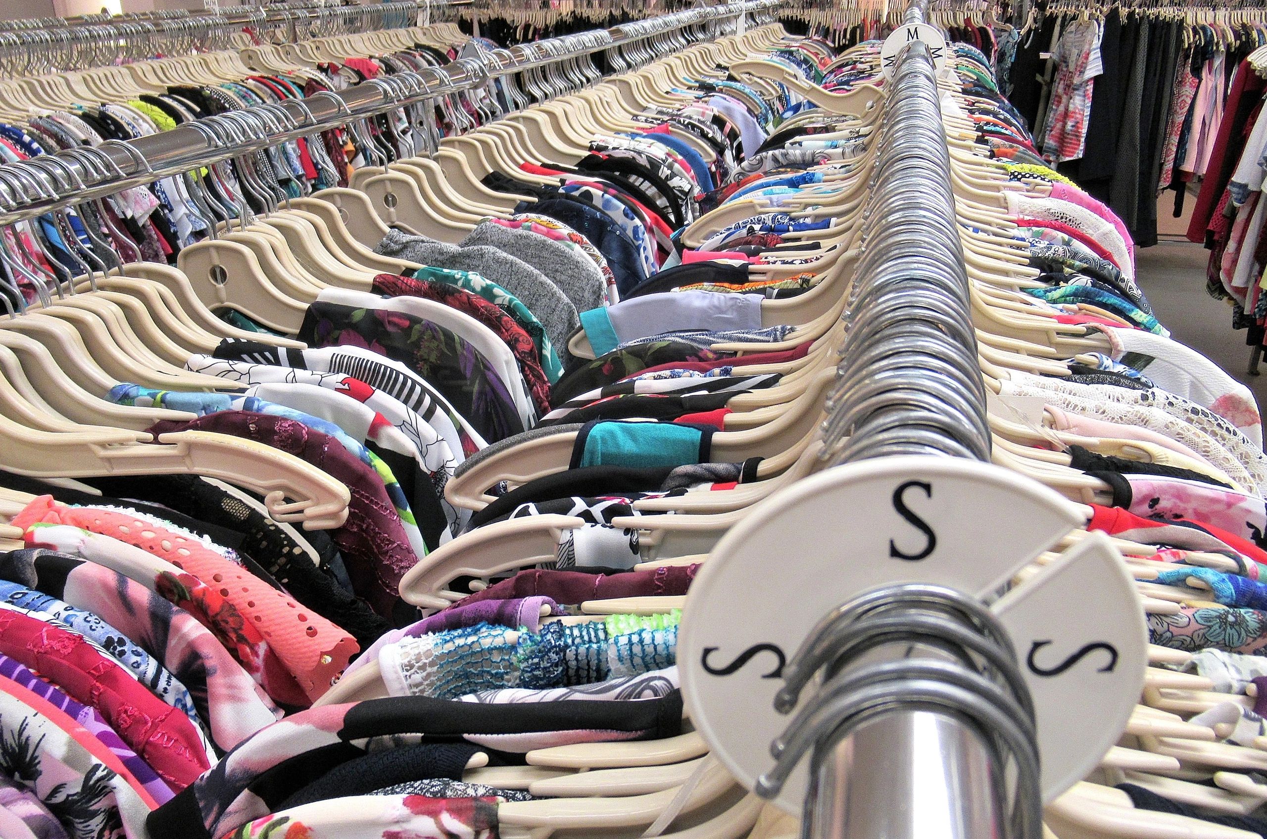 Clothing displayed on garment racks