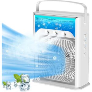 Portable Air Cooler 4-In-1 Mobile Conditioner Fan, Cooling Fan and Humidifier, 7 Colors LED Night Lights 3 Speeds Personal Evaporative Coolers, Conditioning Home Office, White