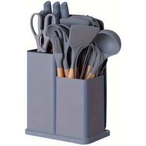 19pcs Non-Toxic Silicone Cooking Utensils Set with Holder - Heat-Resistant Kitchen Aid Additions, Non-Stick Silicone Cutlery Set for Kitchen Grey