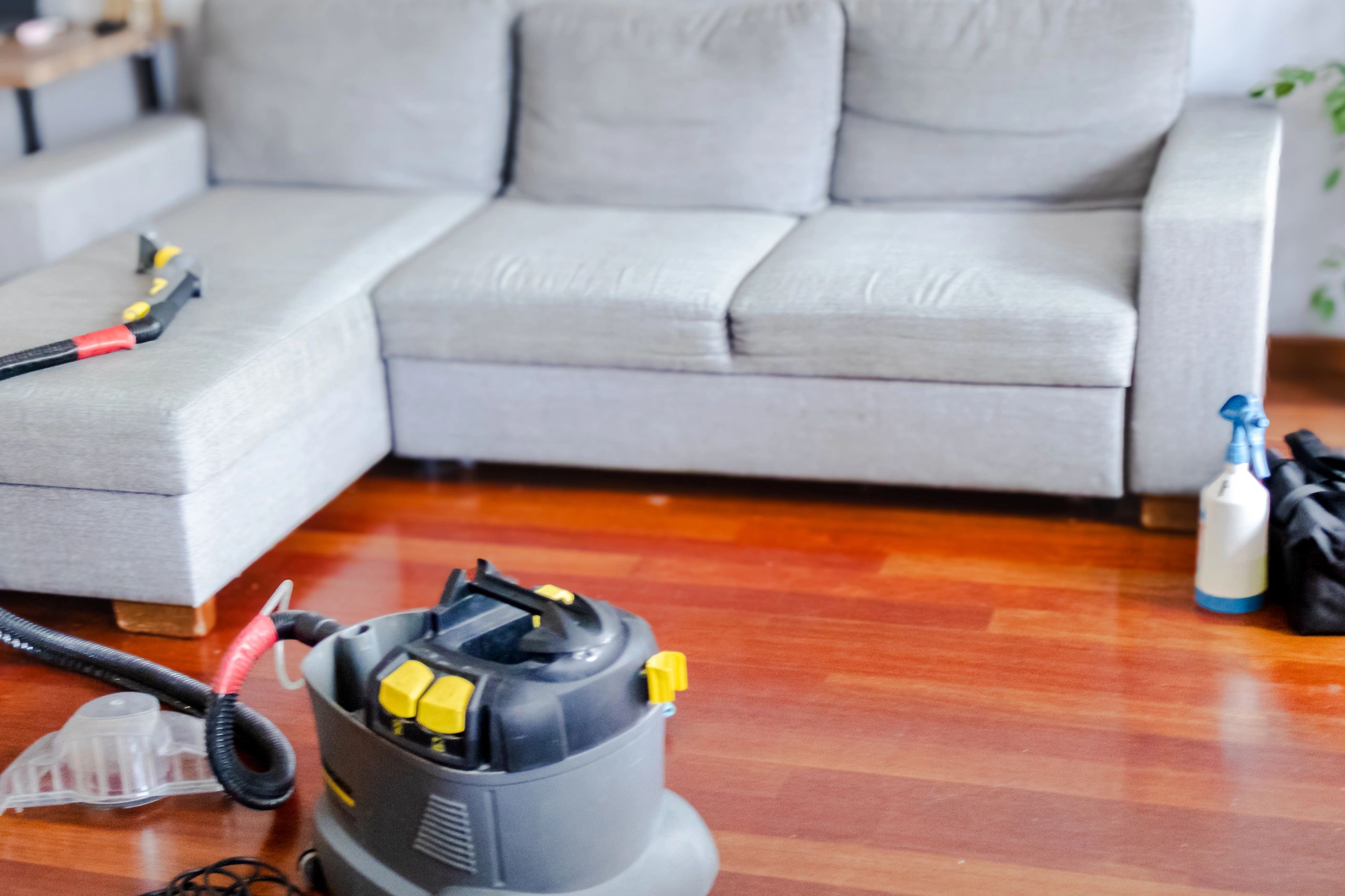 Upholstery cleaning machine beside a sofa in a modern home