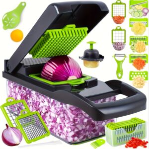 16-In-1 Vegetable And Onion Chopper, Multifunctional Food Grade Cutting Machine with Drain Basket, Carrot And Garlic Chopper with Container - Ideal for Home And Restaurant Use, Kitchen Essentials|Modern Kitchen Tool|Durable Plastic Construction