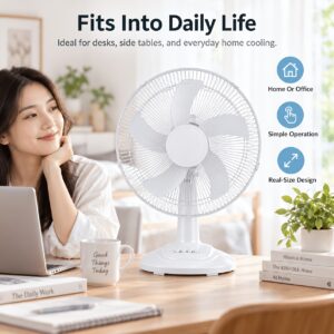 16-Inch Oscillating Table Fan, 5-Blade Electric Desk Fan with 3-Speed Push-Button Control, Adjustable Head, White Cooling Fan for Bedroom, Home Office, Dorm, And Living Room