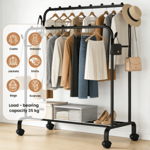 Topika - Double Rod Clothing And Shoe Storage Rack with Wheels - Metal