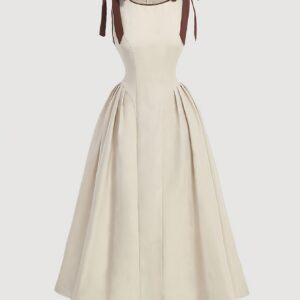 [Bow Tie Dress] New Women's Fashion Simple Elegant Casual Daily Solid Color Bow Tie Round Neck Dress, Commuter Casual Dating Lady Waist-Cinching Dress