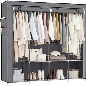 Portable Closet with Cover, 4 Hanging Rods and Shelves | Wardrobe Closet Organizer, 4 Side Pockets, GREY