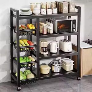 Kitchen Storage Organiser Rack with Baskets and Wheels | Multi-Tier Shelving, Rolling Casters, Wire Fruit Baskets, Office & Living Room, Appliance Storage