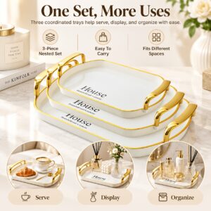 3pcs Decorative Serving Tray Set with Gold-Tone Handles, Nesting PET Coffee Table Tray And Vanity Organizer, Elegant Rectangular Perfume Jewelry Display Trays for Living Room, Bedroom, Bathroom & Home Decor Random Color Handles