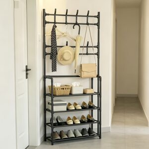 Multi-Functional Entryway Coat Shoe Rack, 4Tier Metal Storage Organizer with Hooks, Freestanding Hall Tree for Hat, Bag, Shoes, Home Bedroom Hallway
