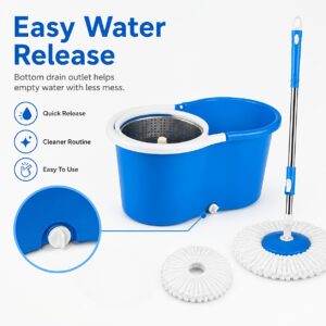 360° Spin Mop And Bucket Set with Wringer And Built-In Drain Outlet | Includes 1 Extra Replacement Mop Head | Easy Self-Wringing Floor Cleaning System for Home