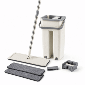 2-in-1 Flat Mop and Bucket Set with Wash & Dry Chambers, 125cm Handle, 360° Swivel Mop Head, Space-Saving Floor Cleaning System for Tile, Hardwood, Kitchen and Bathroom