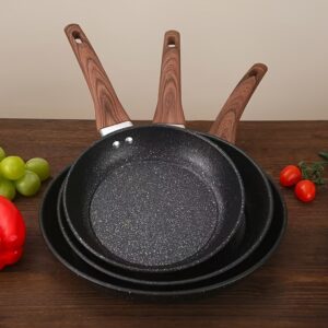 3pcs Non-Stick Granite Frying Pan Set, Maifan Stone Frying Pan with Wood Grain Insulated Handle, Suitable for Gas Stoves And Induction Cooktops, Kitchen Cookware Set