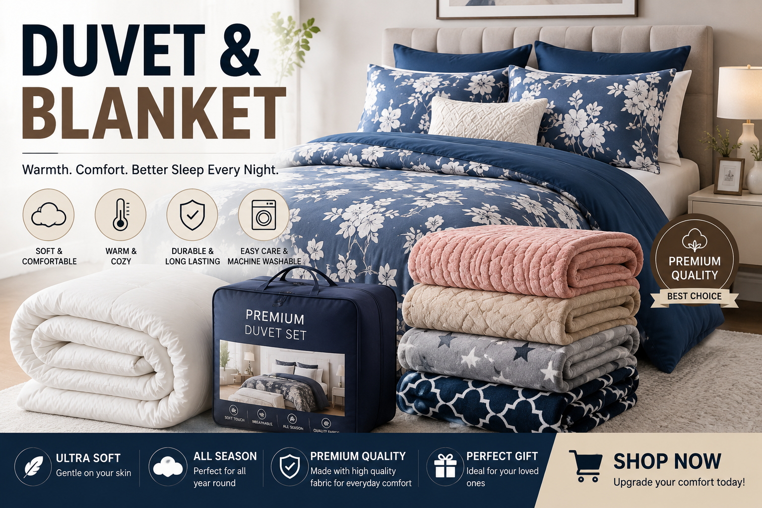 Blue and white floral duvet and blanket bedding set in a staged bedroom