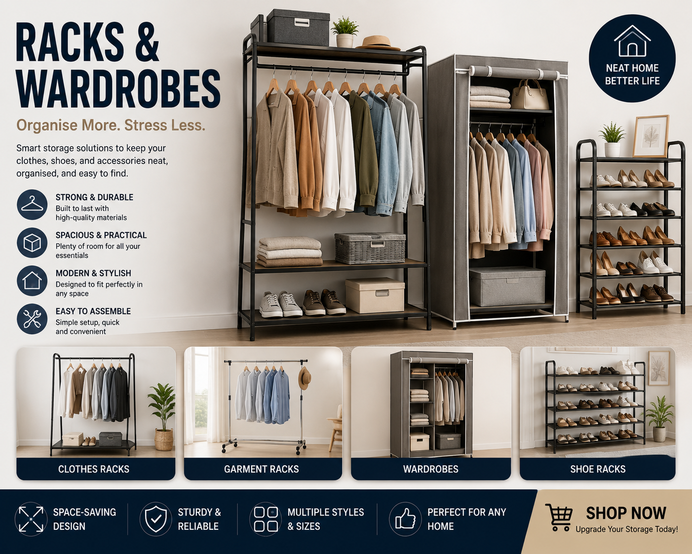 Storage racks, wardrobes and shoe racks in a bright organized room