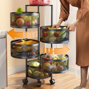 Rotating Kitchen Storage Cart with 5 Baskets + 1 Tray, 360° Swivel Vegetable Organizer with Wheels, Multi-Tier Metal Wire Basket Rack for Pantry, Black