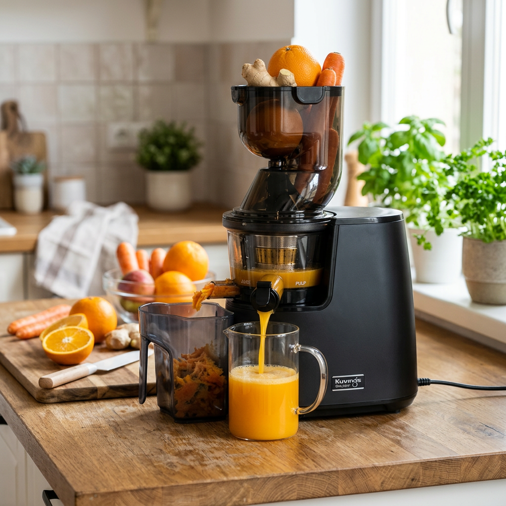 Slow juicer extracting orange juice beside fresh fruits and vegetables