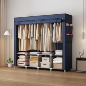 4Columns Portable Wardrobe Closet Organizer System Black Frame with White Shelves Modular Storage with Hanging Rod Freestanding Design for Bedroom Navy Blue, Portable Closets