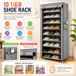 10 Tier Shoe Rack with Dustproof Cover, Free-Standing Shoe Storage Cabinet for Closet and Entryway, Large Capacity Shelf Organiser