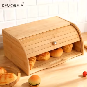 Large Bamboo/Bamboo-like Wood Bread Box with Roll-Top Lid - Bamboo Wood Food Storage Container, Wood Grain for Bread, Snacks, Cupcakes,, Muffins, Bagels - Kitchen Pantry Organizer, Easy