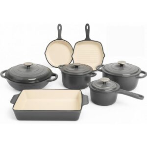 11pcs Enamel Cast Iron Casserole Cookware Set Heavy-Duty Heat-Retaining Pots and Pans, Non-Stick Enamel Coating, Ergonomic Handles, Oven Safe